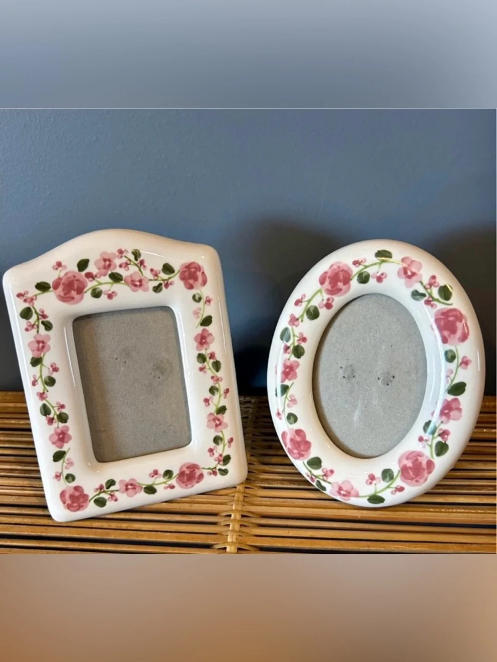 Vintage Floral Ceramic Photo Frame - Pink Rose Pattern